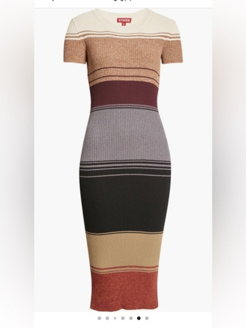 STAUD Colleen Colorblock Striped Multicolor Ribbed Knit Sweater Midi Dress